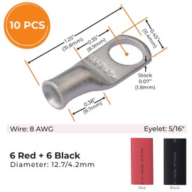 SELTERM 10pcs - 8 Awg - 5/16" Stud - Battery Lugs - Ring Terminal Connectors | with 12pcs 3:1 Black & Red Heat Shrink Tubing with Adhesive | Heavy Duty Battery Cable Ends - Tinned Copper Wire Lugs Kit