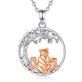 INFUSEU Mama Bear Necklace with 2 Cubs Mom Gifts Mother Daughter Son Jewelry Mommy Birthday Grandma Grandmother Cute Animal Present 925 Sterling Silver Circle Tree of Life Family Jewelry