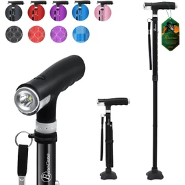 BeneCane Walking Cane for Women Folding Cane for Men with Two Led Lights Quad Cane with Stable Base Lightweight and Adjustable Walking Stick