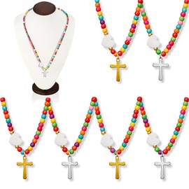 6 Pcs Colorful Beaded Cross Necklaces, Christian Religious Party Favors, Sunday School Prizes, Christian Religious Party Favors Jewelry Mexican Fiesta Gifts for Teen 15+2 Inches
