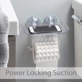 Bath Bliss Suction Cup Toilet Paper Dispenser | Power Lock Suction Mount | Phone and Wipes Holder Tray | Not Tools Required |Smooth Surfaces Only | Tile | Glass | Metal | Plastic | Bathroom | Clear