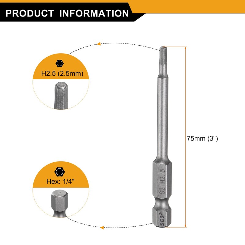sourcing map 3pcs H2.5 Hex Head Drill Bit Wrench 2.5mm