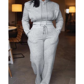 CHICME Womens 2 Piece Outfits Cropped Hooded Long Sleeve Sweatshirt and Wide Leg Sweatpants Set Sweatsuit Tracksuit-ga-L