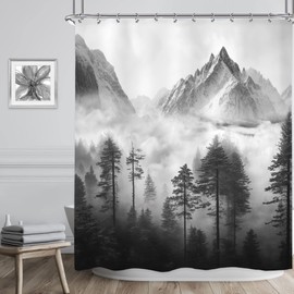 Riyidecor Black Mountain Shower Curtain 72Wx72H Inch Scenery National Park Smokey Tree Woodland Landscape Black Gray for Men Bathroom Decor Fabric Polyester Waterproof 12 Pack Hooks