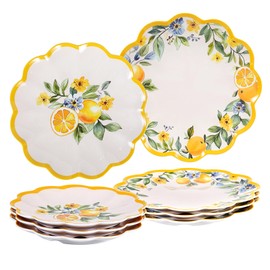 molidiki Unbreakable Melamine Plates Set of 8, 4 Large 11" & 4 Small 9" Plates, Lightweight RV/Dinner Plates, Lemon Design, Dishwasher Safe