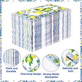100Pcs Lemons Paper Napkins 3 Ply Blue Tile Pattern Lemons Napkins Blue Yellow Summer Napkins Disposable Paper Guest Towels for Bathroom Anniversary Wedding Bridal Shower Italian Theme Party