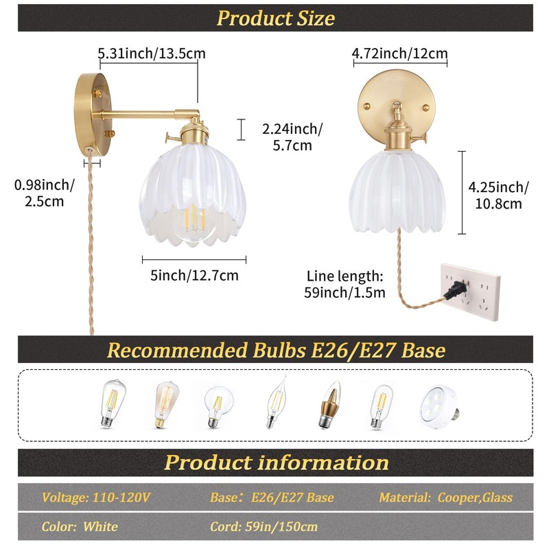 Shenmoyl Plug in Wall Sconce, White Tulip Glass Lampshade Wall