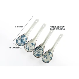 4Pcs Asian Soup Spoon,Chinese Ceramic Soup Spoons,Non-Slip Japanese Soup Spoon,Ramen Spoons with Hook for Rice Pho Miso Soup Wonton Noodle (4, Retro Blue & White)