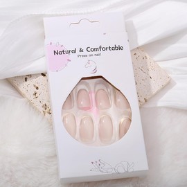 KTAABTR Gold French Tip Press on Nails Nude Fake Nails with Glue Short Almond Shaped Acrylic Nails Stick on Nails for Women Girls DIY Manicure 24Pcs Glossy False Nails Decoration Set