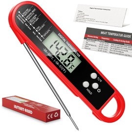 RUN HELIX Digital Meat Thermometer - Instant Read Food Thermometer with Backlight LCD Screen, Waterproof, Foldable Long Probe, Perfect for Cooking, BBQ, Candy Making, Milk, Water & Meat (Red)