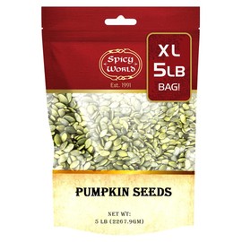 Spicy World Raw Pumpkin Seeds 5 LB Bag - Shelled, AAA Grade, Unsalted, Dry, Vegan, Bulk Bag