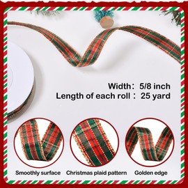 Christmas Plaid Ribbon, 5/8 Inch 25 Yard Woven Edge Gingham Ribbon for Gift Wrapping Crafts Party Home Decoration, Red Green Gold