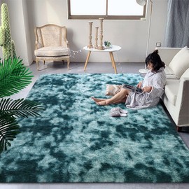 DweIke Fluffy Peacock Blue Rugs for Bedroom Living Room, 5x8 Feet Soft Plush Shaggy Tie-Dyed Teal Blue Girls Boys Kids Rug, Upgraded Non-Slip and Machine Washable Carpet for Dorm Nursery Decor