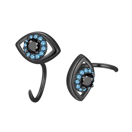 Protection Evil Eye Dainty Half Open Huggie Hoop Earrings Black Gun Plated Over 925 Sterling Silver Evil Eye Piercing Earrings Clip Light Weight Women Girls Boho Beach Earrings Black Earrings FE0199K