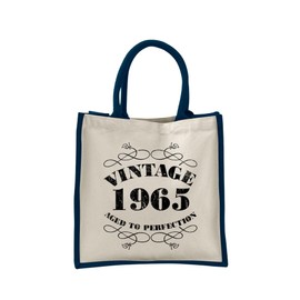 60th Birthday Tote Bag Gifts for Women - Cotton Jute Shoulder Bag, Reusable Bags for Shopping, Gift bags, Book Bag, Travel Bag, Shopper Bags - Vintage 1965 - BLUE-S