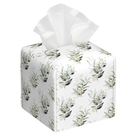 Watercolor Floral Flower Tissue Box Cover,Green Eucalyptus Leaves Waterproof Leather Square Tissue Box Cover Case Facial Paper Organizer Dispenser Box Holder for Home Office Bathroom Vanity Countertop
