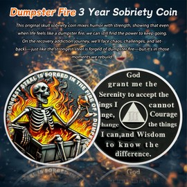 Dumpster Fire Skull 3 Year Sobriety Coin - The Strongest Steel is Forged AA Coins - Recovery Addiction NA AA Chips and Medallions - Celebrate Clean Narcotics Alcoholics Anonymous Gifts for Men Women