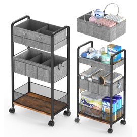 LIDTOP 2In1 Baby Diaper Caddy & 3-Tier Rolling Diaper Cart, Diaper Caddy Organizer Cart with Dividers, Mobile Metal Utility Cart for Nursery Essentials, Detachable Bedside Cart, Large Capacity
