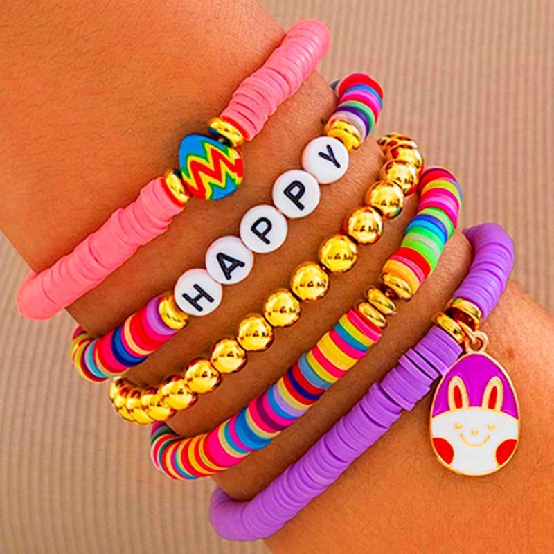 JEWEKY Easter Stackable Bracelets Set Gold Beaded Clay Bunny Stretch