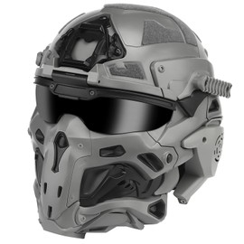 Tactical Full Face Head Helmet with Build in-Headset & Anti-Fog Fan Airsoft Military Fast Helmet Googgle Mask Set Paintall Cosplay (Gray)