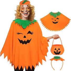 Disfraz Halloween Mujer, 3 Piezas Disfraz De Calabaza Para Adulto, Traje De Halloween Con Capa Luminosa, Diadema y Accesorios, Adecuado Para Fiestas De Halloween, Eventos De Rol y Reuniones Familiares