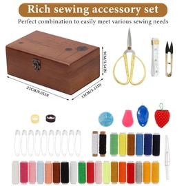 Sewing Kit Wooden Sewing Box with Accessories Retro Wooden Sewing Basket Repair Kit Gift DIY Supplies for Beginner Professional