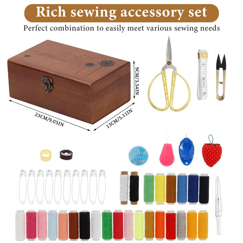 Sewing Kit Wooden Sewing Box with Accessories Retro Wooden Sewing