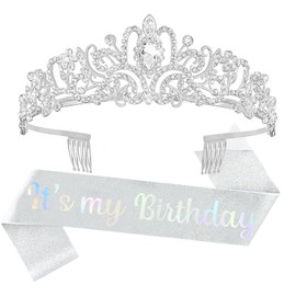 AMCAMI Silver Birthday Crowns for Women Birthday Sash for Women Tiaras and Crowns for Women Princess Crown Happy Birthday Crown and Sash Bridal Wedding Prom Party Gift