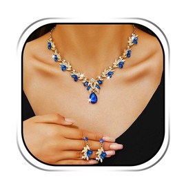 JAKAWIN Rhinestone Bride Wedding Jewelry Set Gold Leaf Sparkly Bridesmaid Necklace and Earrings Set Sapphire Formal Crystal Prom Costume Necklaces for Women