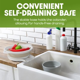 Collapsible Colanders (2 Pack Set) Food Strainers with Over-Sink Water Draining Base for Pasta Fruits and Vegetables (4 and 5 Quart) - White Beige