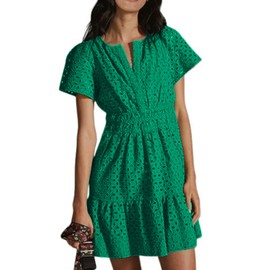 utcoco Lace Eyelet Mini Dress for Women 2025 Casual V Neck Short Sleeve Smocked Waist Tiered Boho Sun Dresses (Small, Green)