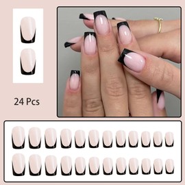 24 Pcs Coffin Press on Nails Medium Length Fake Nails with Glue Black French Tip False Nails Kit Solid Color Glue on Nails Nude Pink Black Nails Press ons Full Cover Stick on Nails for Women Girls