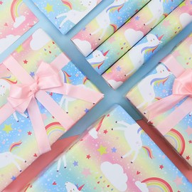 Birthday Wrapping Paper For Kids Girls Boys, Unicorn Design Gift Wrapping Paper for Birthday Baby Shower with 2 Meters Ribbon, 4 Sheets Folded Flat 50x70 cm per sheet