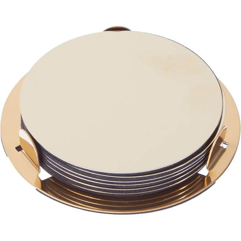 Coasters Set of 6 With Holder Silver - Gold Stainless