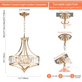 Majhoiw Chandeliers for Dining Room Modern Farmhouse Chandelier, 4-Light Crystal Chandeliers, Rustic Chandelier with Round Metal Lampshade, Perfect for Hallway Bedroom Foyer, Brush French Glod
