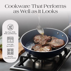 Orgreenic Luxurious Non-Stick Ceramic 12 Inch Blue Hammered Pan, Lightweight, Scratch-Resistant, Dishwasher Safe, Oven Safe up to 500°F, For All Stove Types