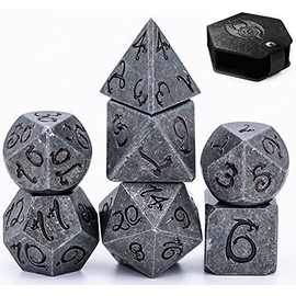 World of Dice Metal Dice Stone Look Pen and Paper Dice Set, 7 Pieces, Ideal for Dungeons and Dragons (DND), Black Eye (DSA), Shadowrun, Cthulhu and Other RPG