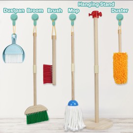KiddoKraft Kids Cleaning Set Wooden – Pretend Play Housekeeping Kit with Broom, Mop, Duster, Dustpan, Brushes, Rag & Stand – Montessori Cleaning Toys Gift for Toddlers Age 3-6