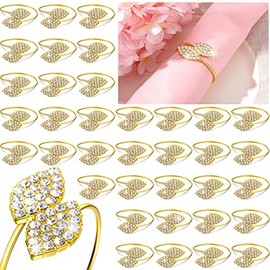 Hotop 24 Pcs Napkin Rings Set Metal Leaves Napkin Holders Rhinestone Gold Napkin Buckle for Wedding Christmas Thanksgiving Party Dinner Table Decoration