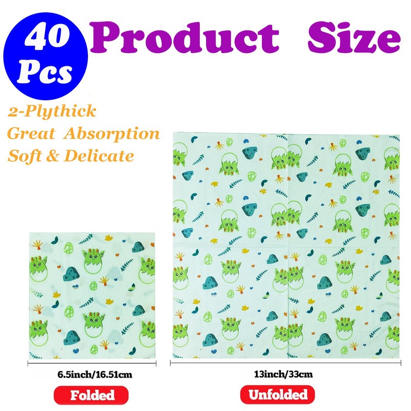 Dinosaur Baby Shower Disposable Paper Napkins, 40Pcs, 6.5in