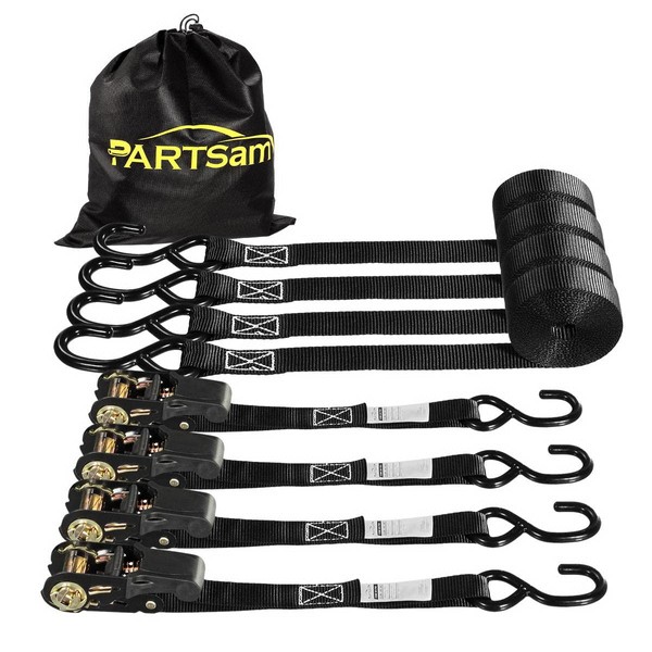 Partsam Ratchet Straps Heavy Duty Tie Down Set, 1823 Break Strength - (4) Heavy Duty 1" x 15' Cargo Tiedowns with Padded Handles & Coated S Hooks for Moving, Securing Cargo in Carry Bag (Black)