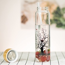 Ferexer 32 oz Glass Water Bottle with Straw, Borosilicate Glass Bottle with Bamboo Lid and Neoprene Sleeve (Tree)