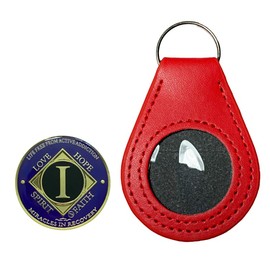 NA 1 Year Recovery Medallion, Gold, Purple Color, Recovery Narcotics Anonymous Metal Coin, And a Red Vegan Leather Keychain Coin Holder