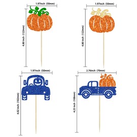 24 piezas de decoración de calabaza, camión de cosecha con purpurina, decoración de tartas, decoración para cosecha, día de Acción de Gracias, boda, fiesta de cumpleaños, color azul oscuro