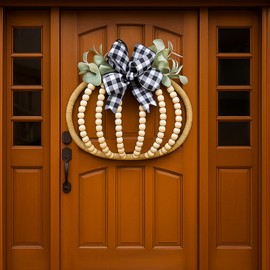 Leinuosen 16" Fall Thanksgiving Pumpkin Wood Bead Wreath Farmhouse Front Door Wreath with Bow Leaf Wooden Pumpkin Autumn Seasonal Natural Boho Hanging Door Wall Decor for Home Harvest Indoor Outdoor