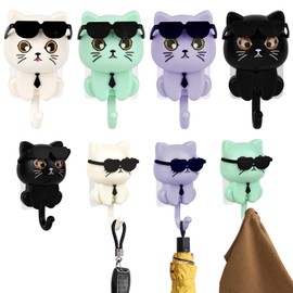 MJFENDAI 4 Stück Selbstklebender Kleiderhaken mit Schlüsselhalter, Sonnenbrille Katze SchlüSselhaken, Ohne Bohren Kreativ Niedliche Selbstklebende Wandhaken für Heimdekoration, Katzenliebhaber