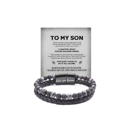 LIU JUN The Guardian To My Son Bracelet From Mom, Stainless Steel Engraving Love You Forever Tiger Eye Beaded Braided Leather Bracelets Inspirational Birthday Gift Jewelry (Volcanic rock)