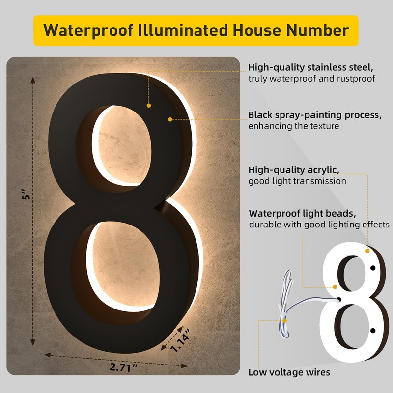 MIDIT 5 Inch Backlit LED House Numbers, Waterproof Stainless Steel,