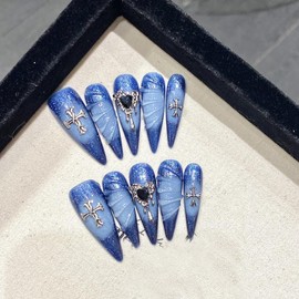 Handmade Press on Nails Long MouyouGlow, Stiletto Blue Sea Airbrushing Glitter 3D Heart Crystal Water Rib Cross Charms Chrome Sea Y2K Resuable Fake Nails, Handmade Artificial 10 Pieces, 215-M