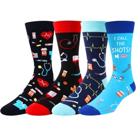 HAPPYPOP Men's Medical Socks, Doctor Gifts for Nurse, 4 Pack, Cotton, Crew, Regular, M, Not Water Resistant
